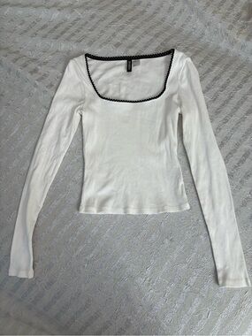 Divided White Long Sleeve Square Neck Top with Black Trim
